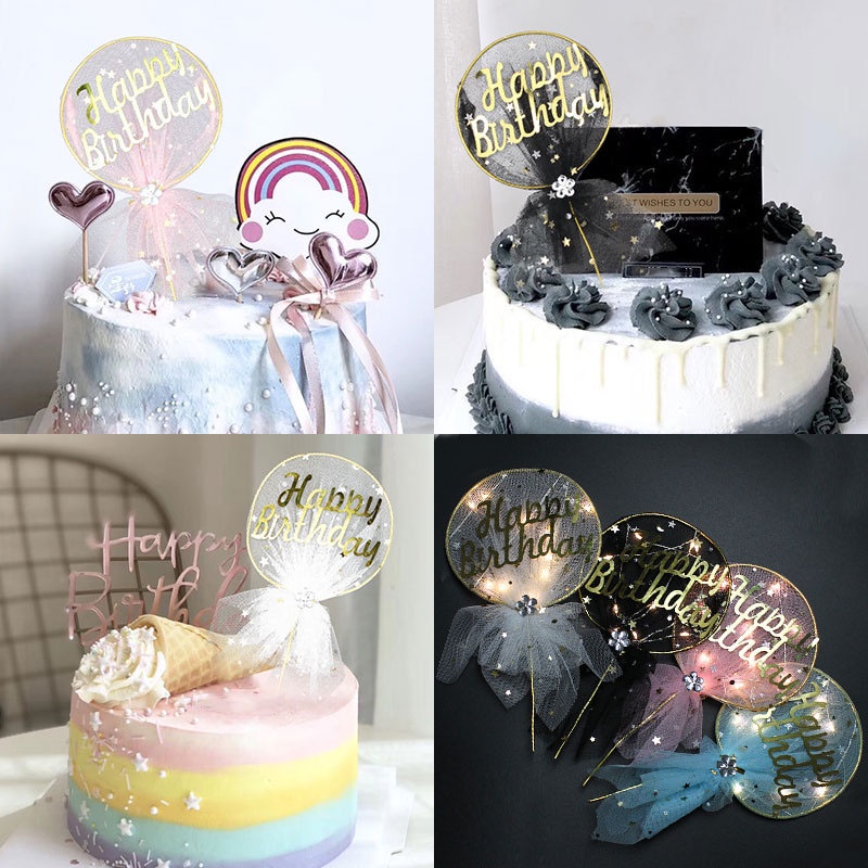 Topper Kue Desain Happy Birthday Dengan Lampu Luminous Bahan Besi Untuk Dekorasi Pesta Ulang Tahun