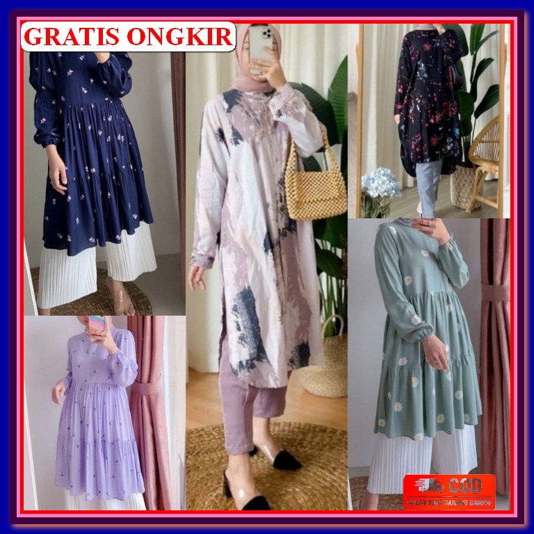 Cerato Model Baju Tunik Tunic Atasan Wanita Dewasa Remaja Muslim Motif Bunga Bukan Bahan Wolfis Prem