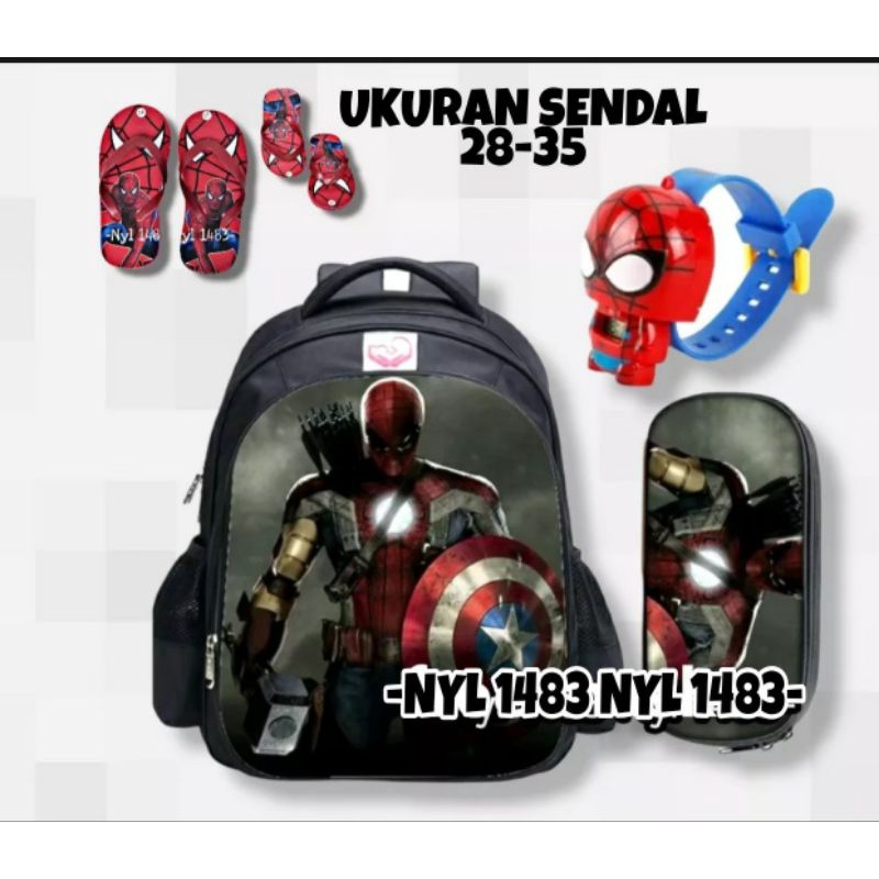 (COD)Ransel Batman Logo Avengers 3in1 Tas Ransel anak sekolah+jam pencet+sendal 28-35