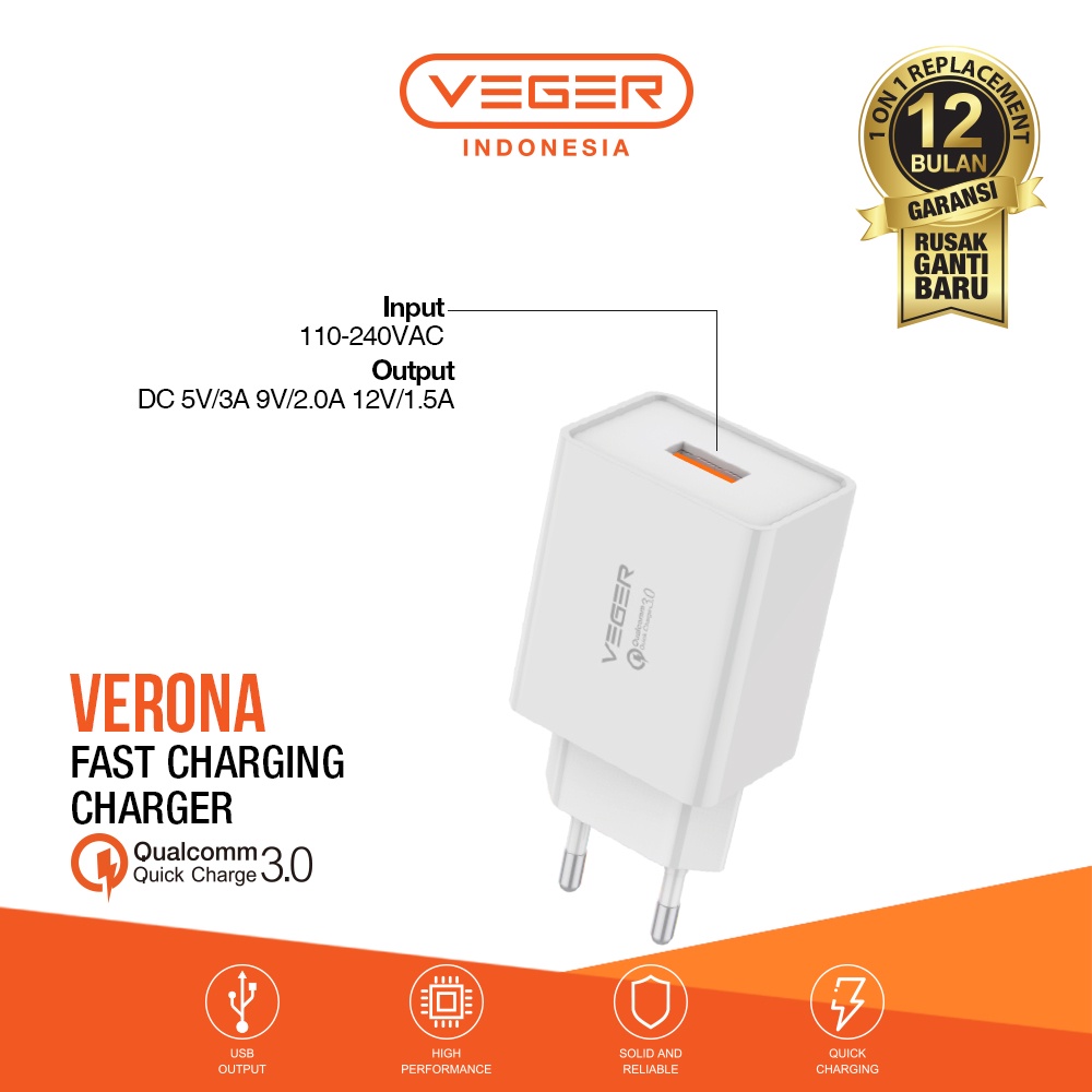 Travel Wall Charger Veger Verona 1 Port USB Output QC 3.0 Quick Charge Fast Charging