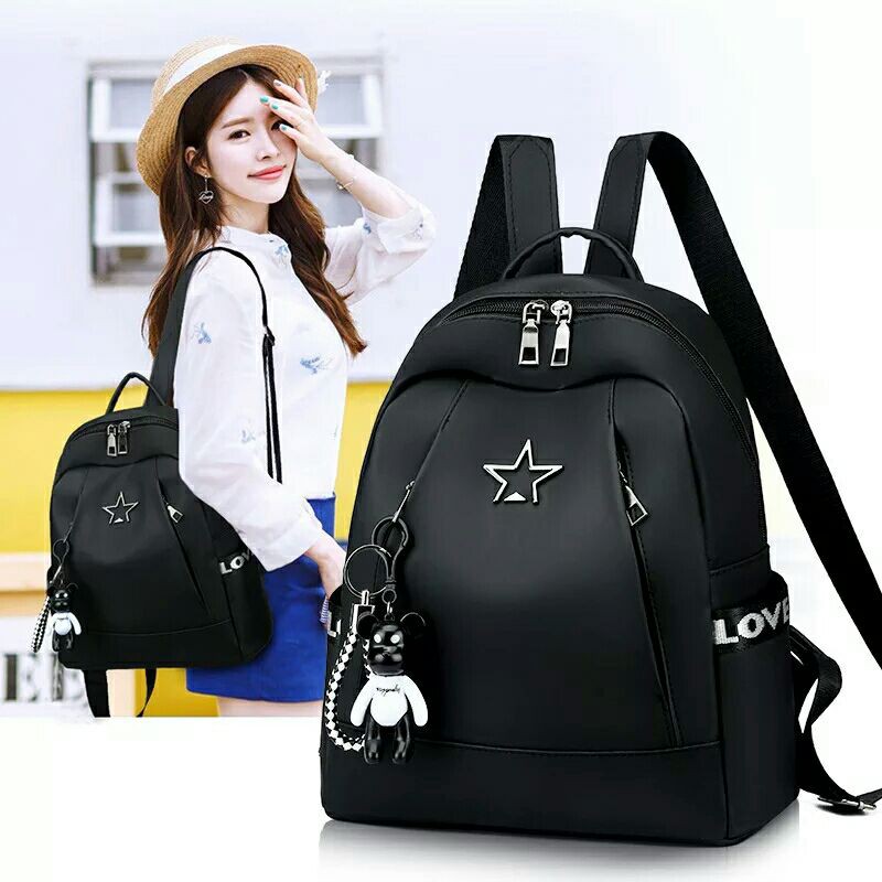 MJP_TAS RANSEL ANTI AIR BACKPACK WANITA HITAM MOTIF LOVE STAR KOREA KULIAH SEKOLAH KERJA TA126B5 STEI