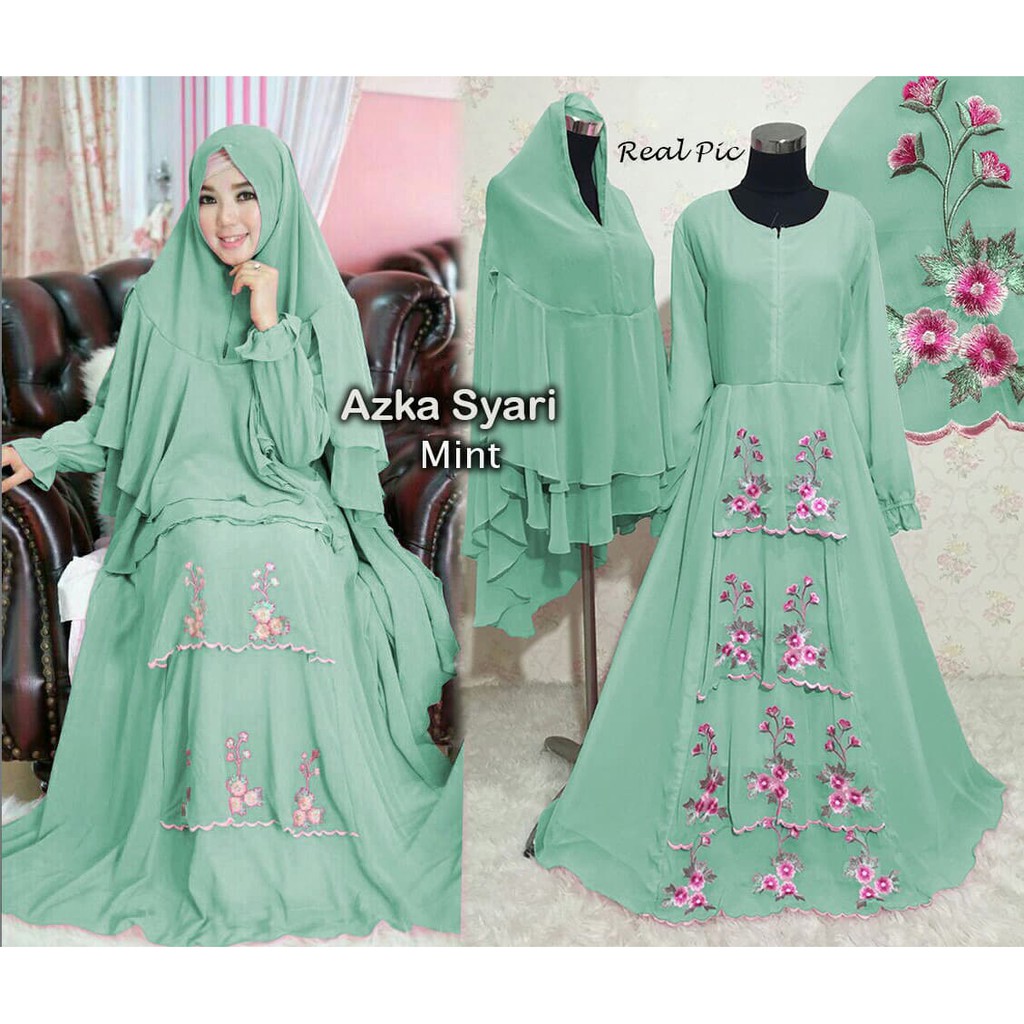 Baju Gamis Warna  Hijau Mint  Voal Motif