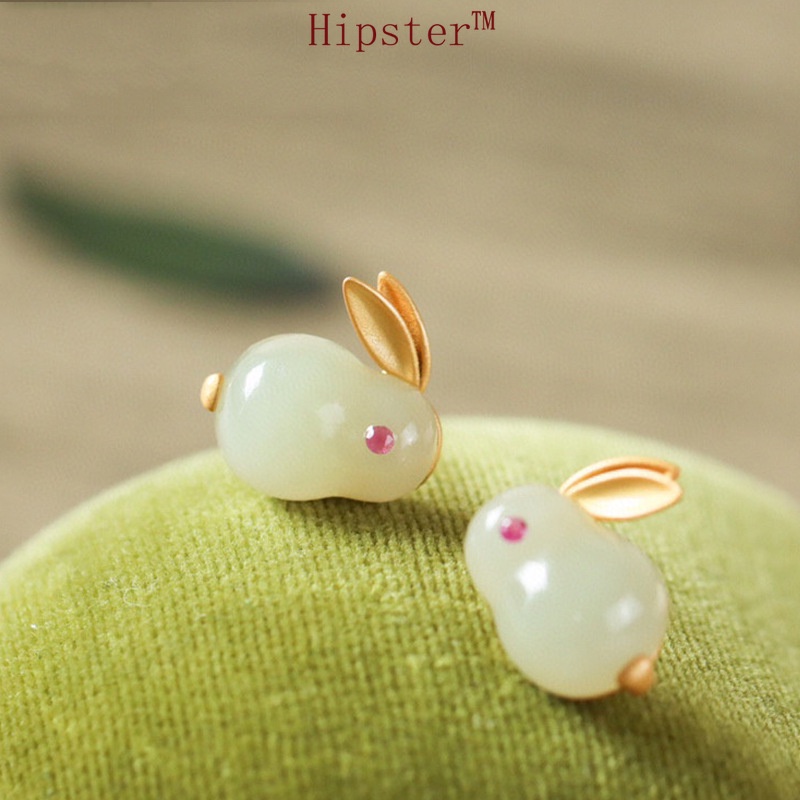 Set Natural Hetian Jade Ring Love Bunny Necklace Ear Stud Pendant