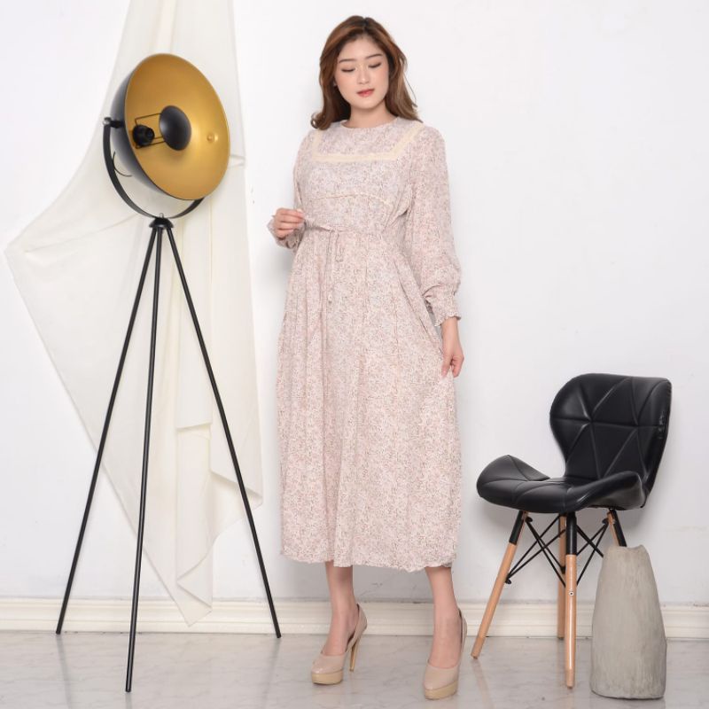 Korean Chiffon Retro Casual Dress with Lace Application Import Premium