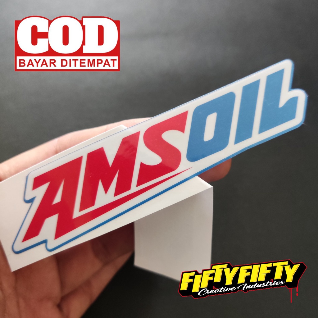 Stiker Print Cut AMS OIL Stiker Printing Laminasi Glossy Stiker Motor Mobil Helm Sudah Membentuk Pola Desain