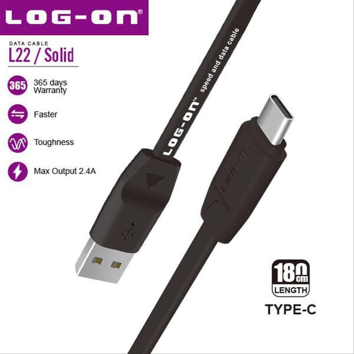 KABEL DATA LO-L22 SAFE AND SPEED TYPE C USB CABLE - 180 CM FLAT SERIES 2.4A LOG-ON