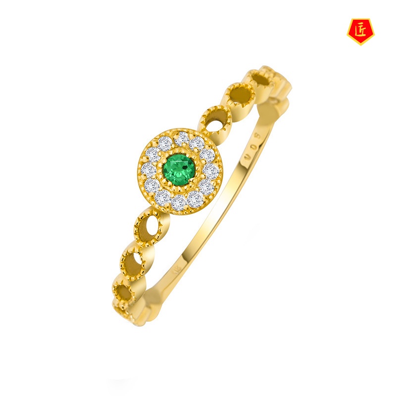 [Ready Stock]Diamond Emerald Hollow Pattern Ring Gold Simple