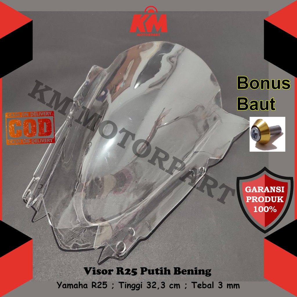 Visor Windshield Yamaha R25 Jenong Tebal 3 mm Tinggi 32,3 cm Hitam dan Bening