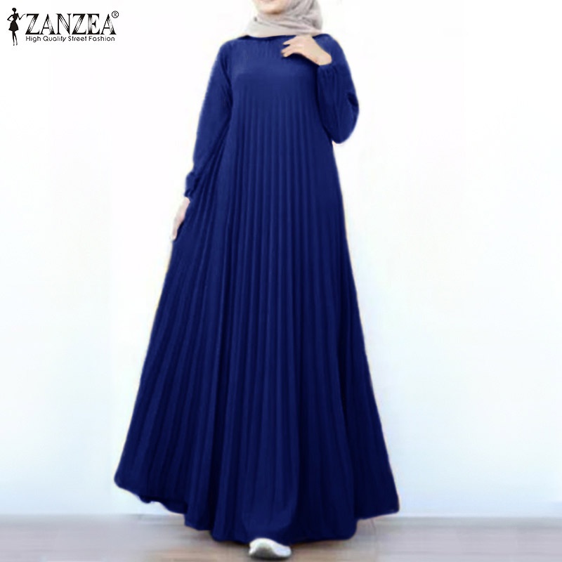 ZANZEA Women Casual Loose Plain Crew Neck Pleated Muslim Hem Maxi Dress