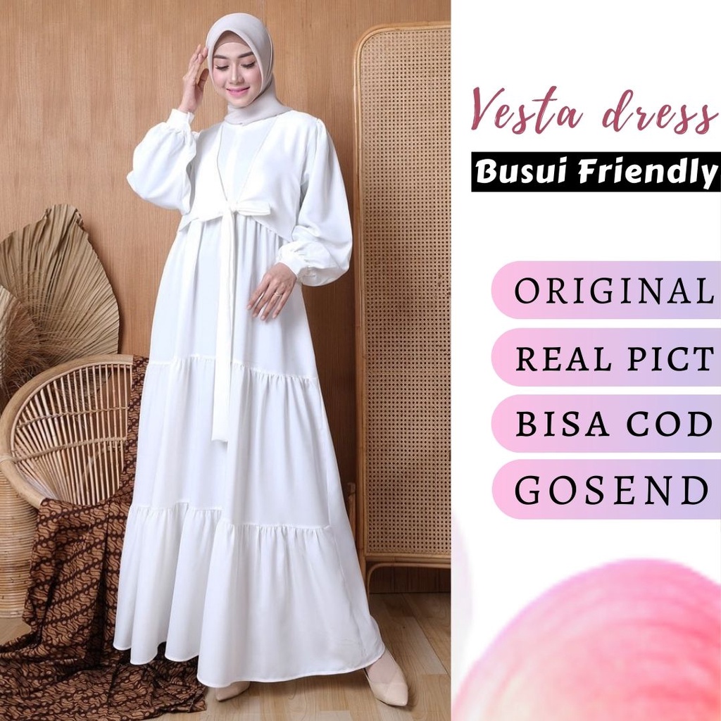 Gamis putih polos wanita dewasa busui friendly zipper depan dress rempel vesta