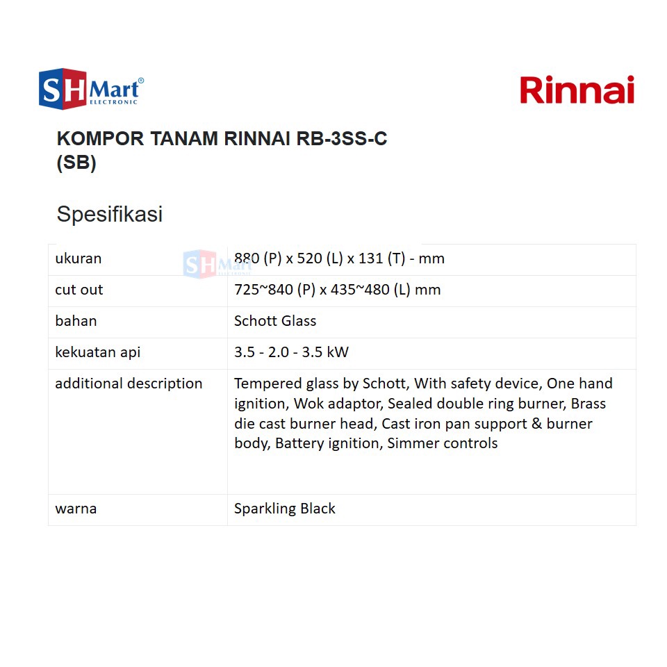 RINNAI KOMPOR GAS TANAM 2 TUNGKU SHINING BLACK RB-2GHC.SB(MEDAN)