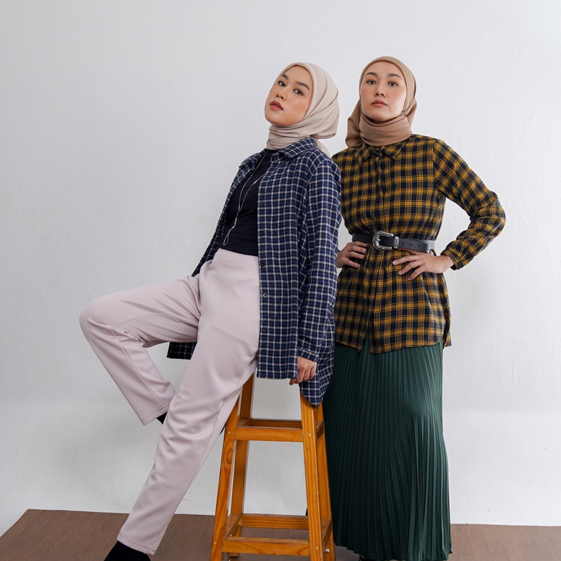 Dauky Atasan Wanita Kemeja Flanel M Tunik Tartan Timeless Retro Colletion
