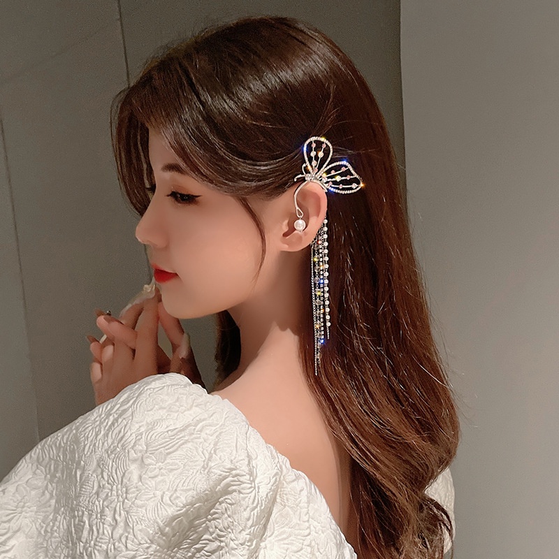 Women Elegant Super Fairy Tassel Ear Clips / Ladies Pearl Bohemia Flashing Rhinestone Hook Earrings / Bridal Wedding Party Minimalist Ear Jewelry Accessories