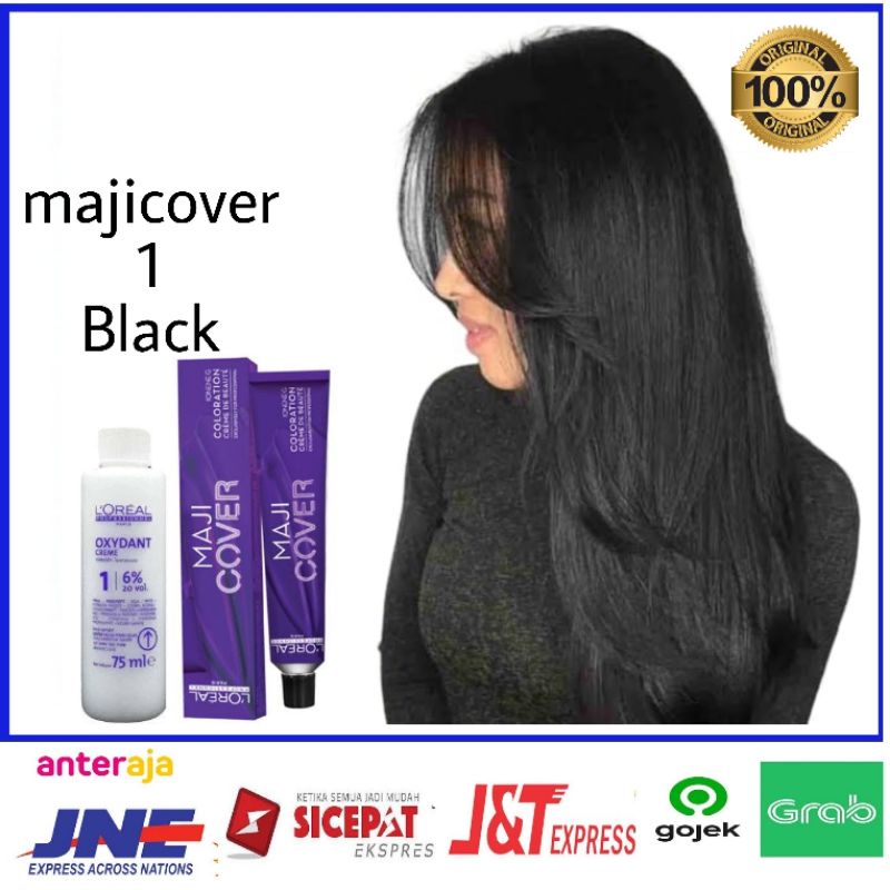 pewarna rambut Loreal majicover no 1 black + oxidant L'oreal 75ml / cat rambut Loreal majicover/ hai