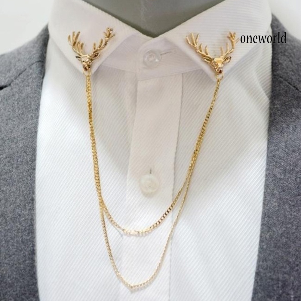 OW@ Fashion Men Women Shirt Suit Collar Deer Head Brooch Pin with Long Chain Gift