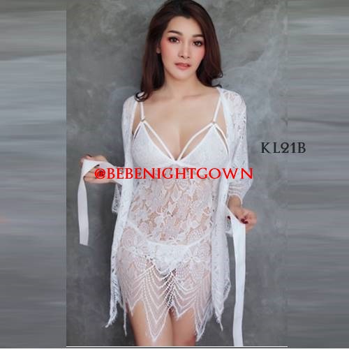 SET SEXY KIMONO LINGERIE NIGHT DRESS LACE BROKAT PREMIUM PUTIH KL21C