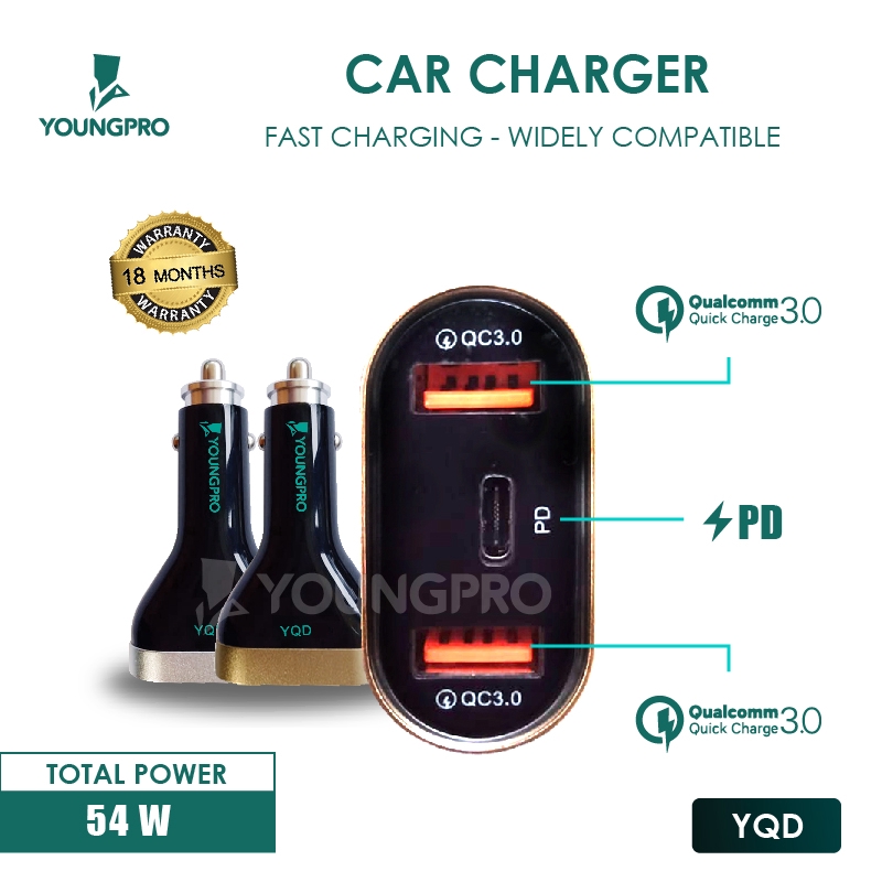 BERGARANSI!! YOUNGPRO CAR CHARGER QUICK CHARGER QC 3.0 PORT POWER DELIVERY YQD-0