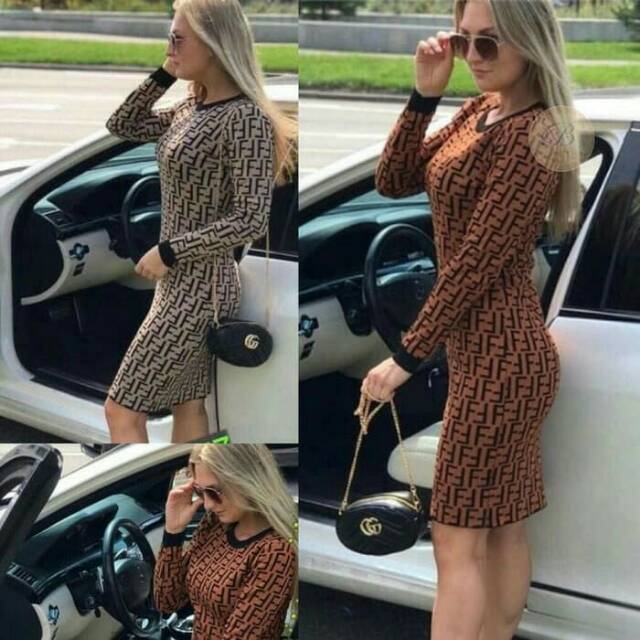 SC6118 FENDI  DRESS LONGSLEEVE DRESS WANITA DRESS RAJUT  