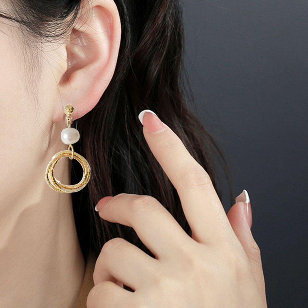 Needway Anting Wanita Trendi Mewah Pesta Emas Temperamen Bentuk Bulat Mutiara Drop Earrings