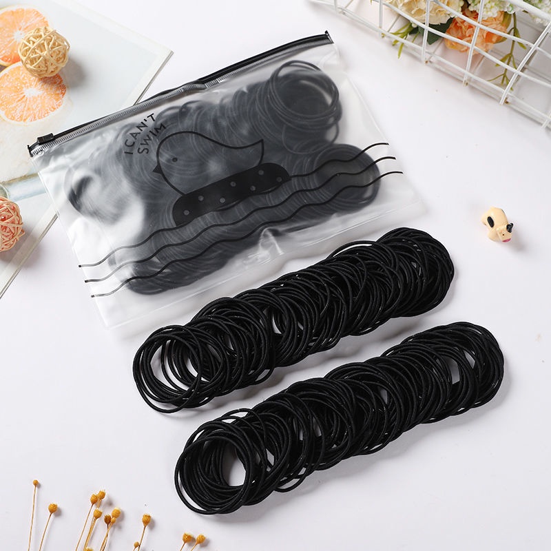 [ISI 50/100pcs] Ikat Rambut Korea Warna Warni Karet Elastis Korea Aksesoris Rambut + Pouch Aksesoris Rambut F01-100pcs-Hitam