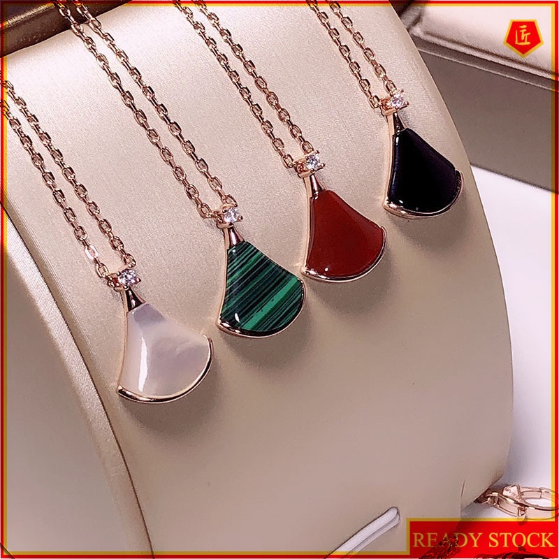 [Ready Stock]Fashion Plated S925 Silver Necklace Inlaid Color Gemstone Fan Pendant Necklace