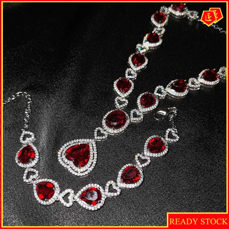 [Ready Stock]Luxury Micro-Inlaid Diamond Ocean Heart Necklace Sapphire Bracelet