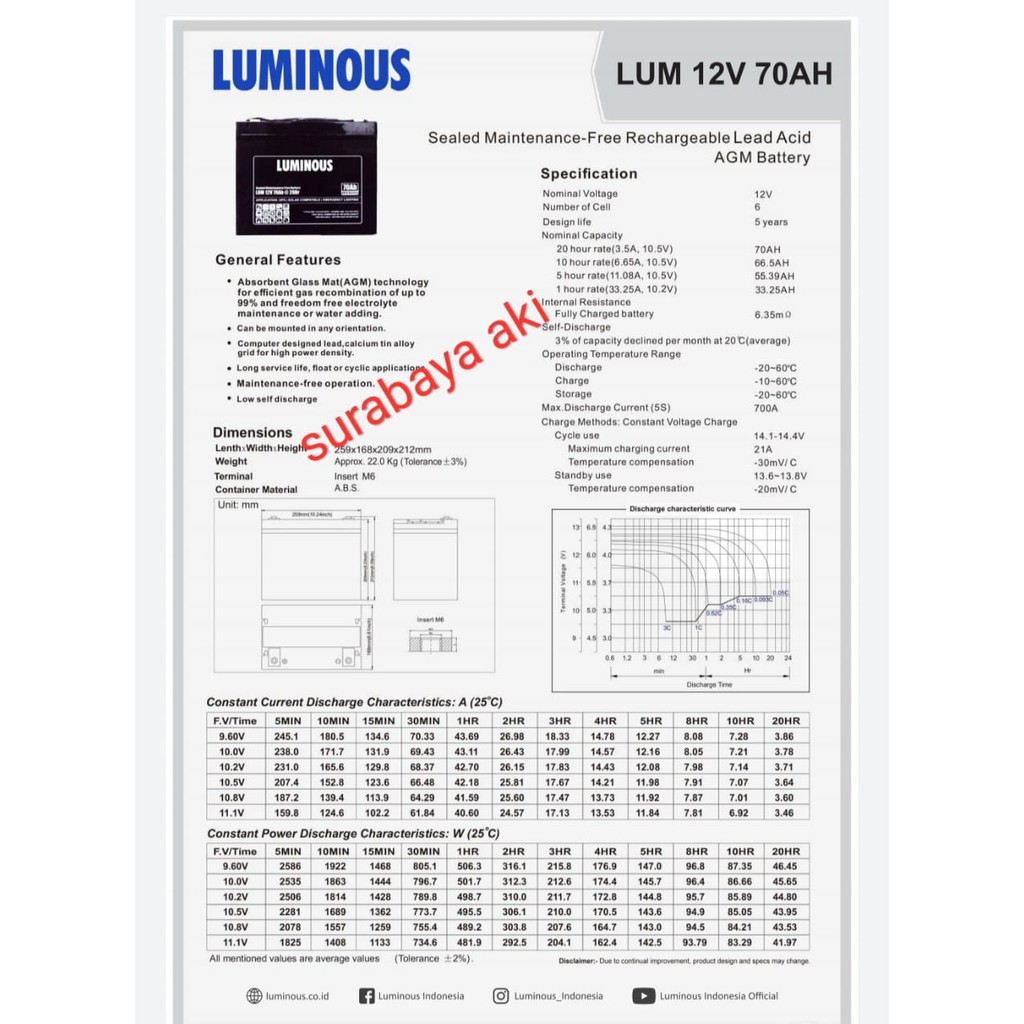 LUMINOUS BATTERY  Baterai  Aki Kering  VRLA Deep Cycle 12v 70Ah