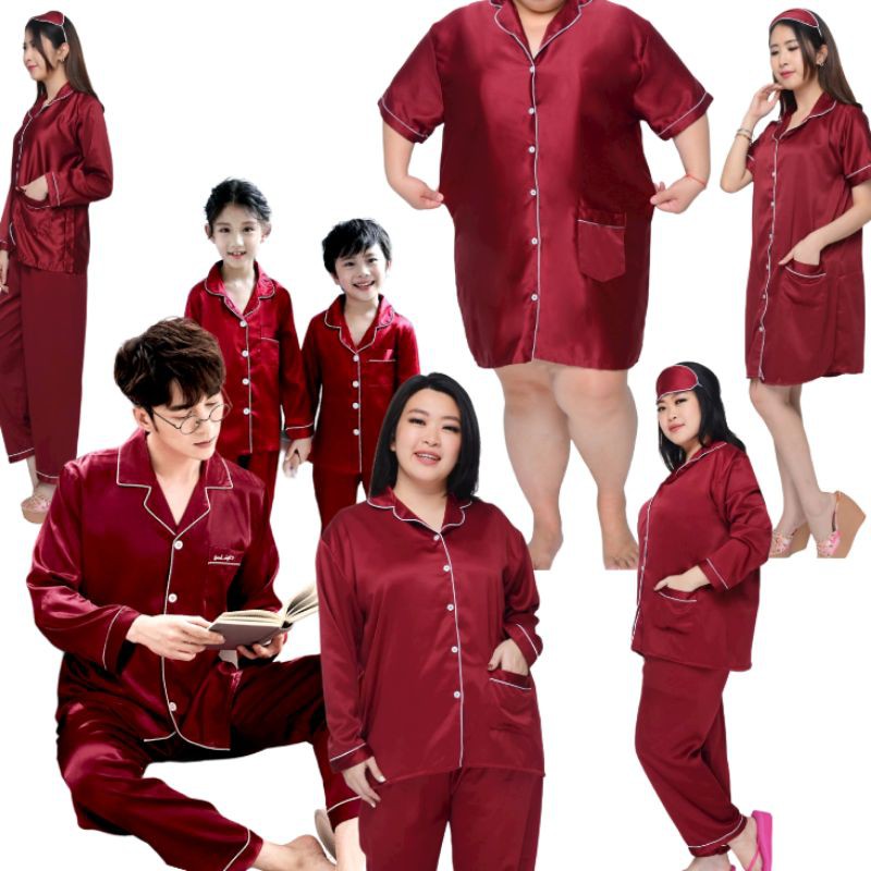 Baju Tidur Lengan Celana Panjang Couple Setelan / Piyama satin polos pasangan anak cowo cewek