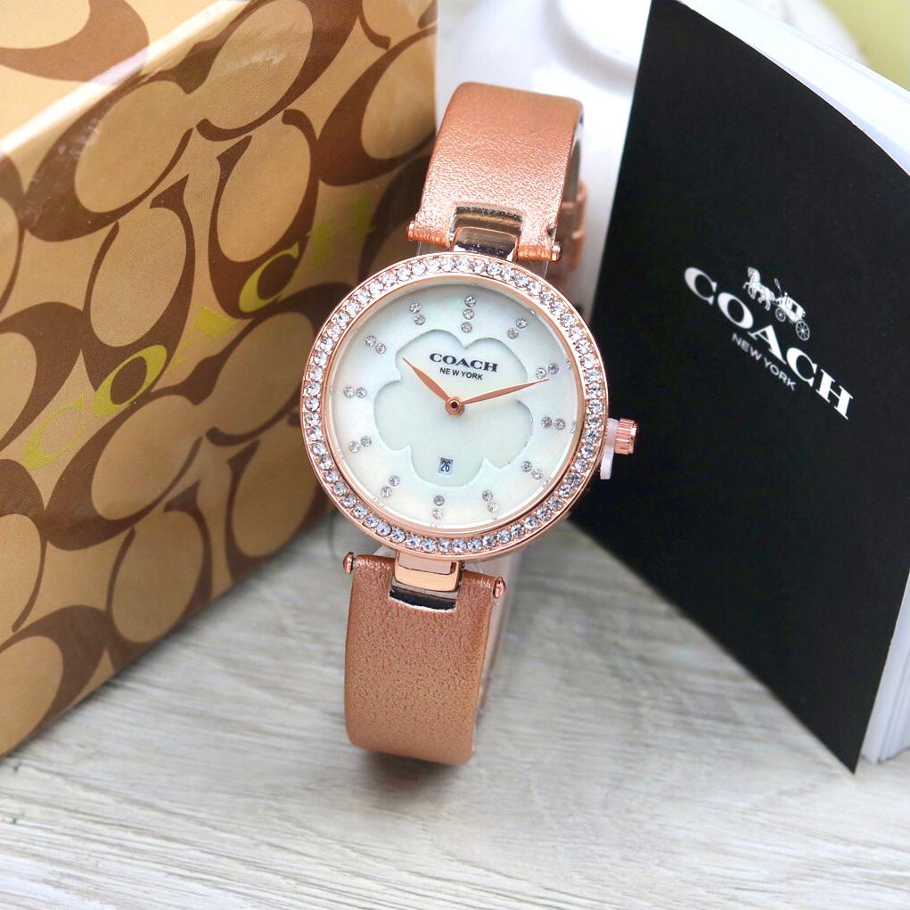 Grosiran Jam Tangan Wanita Coach 3885PW Analog Tali Kulit Tanggal Aktif Free Box Exclusive &amp; Baterai Cadangan (BISACOD)