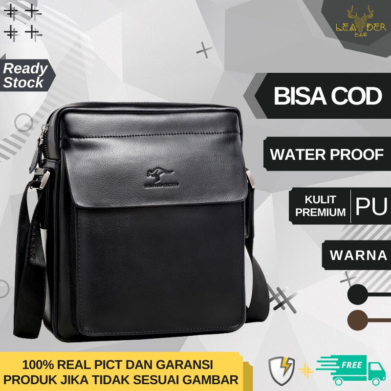 Tas Selempang Kulit Pria Kangaroo Kingdom 100% Original Waterproof Model Terbaru Warna Hitam Dan Coklat | Tas Kerja Kulit Cowok Kangaro Kingdom Ori Motif Simpel | Tas Kerja Kulit Pria Keren Import Murah Berkualitas B46