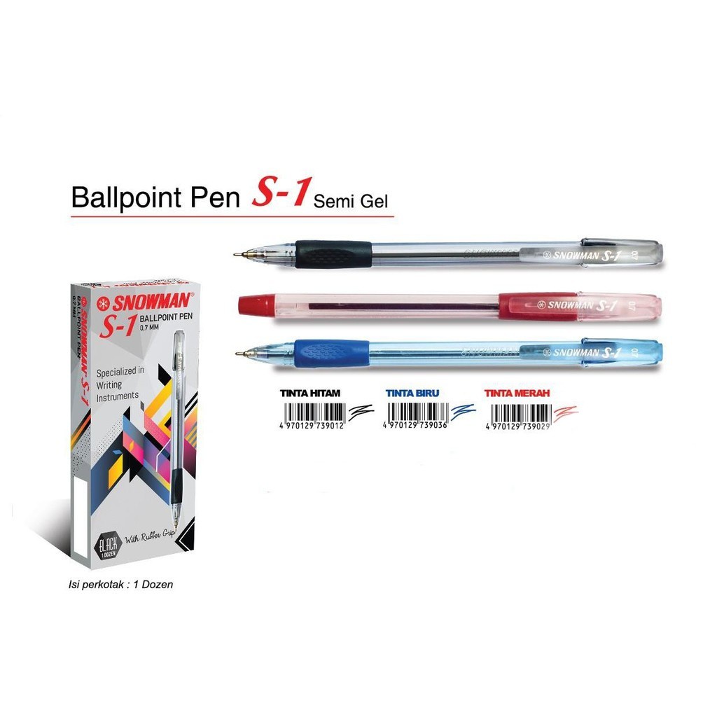 

Pulpen Snowman S-1 Semi Gel Grip Ballpoint Tip 0.7 mm Tinta Warna Hitam Biru Merah Lusinan - SHSNP