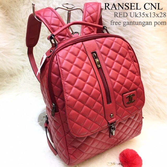 Tas Ransel Cha*_*el Resleting Tengah Tas Batam Backpack FREE POMPOM