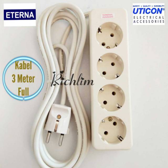 STOP KONTAK UTICON 4 LUBANG+3 METER KABEL ETERNA+STEKER ARDE UTICON/COLOKAN LISTRIK