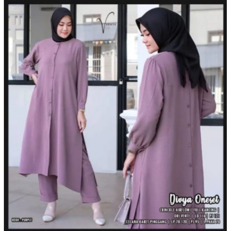 Stelan Long Tunik Divya Cringkle Kemeja Kancing Depan Belakang/One Set Divya Cringkle Airflow Kombinasi Kancing