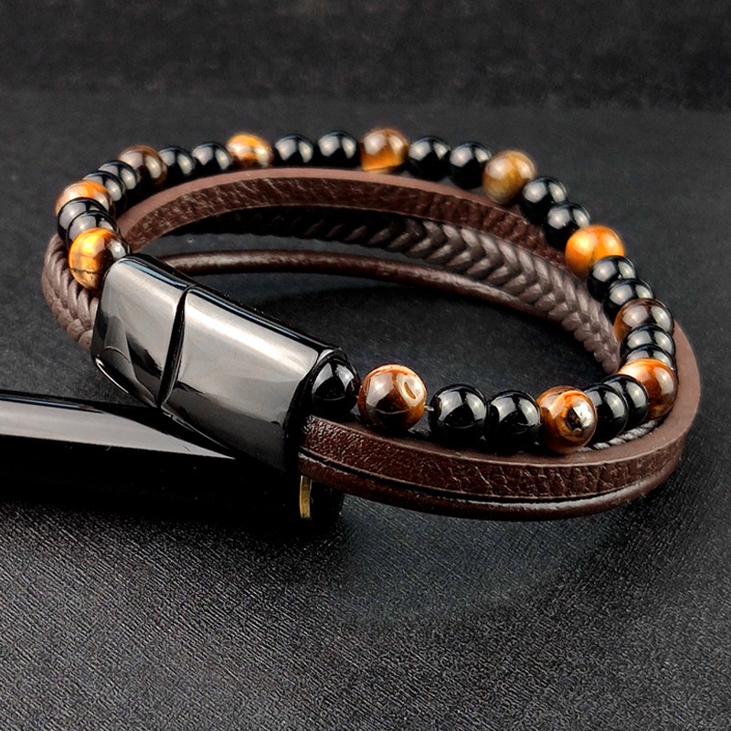 Fashion Trend Men's Vintage Leather with Tiger Eye Stone 4 Layer Bracelet Business Simple Style Accessories Special Gift