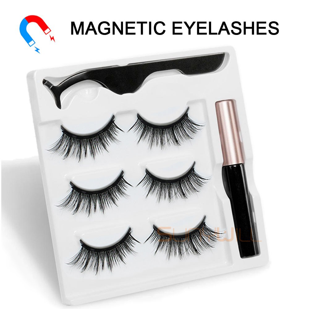 PAKET BULU MATA 3 Pairs Magnetic Eyelashs set Magnet Liquid Eyeliner Magnetic &amp; Tweezer Set Waterproof