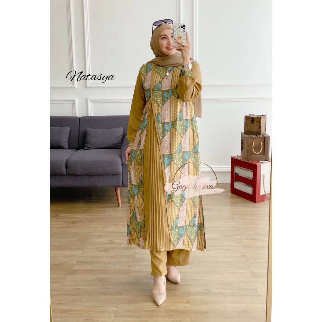 NATASYA Set By Ova Gagil Fashion Setelan Simple Tunik Celana Polos Mix Motif Katun Premium Super Ade