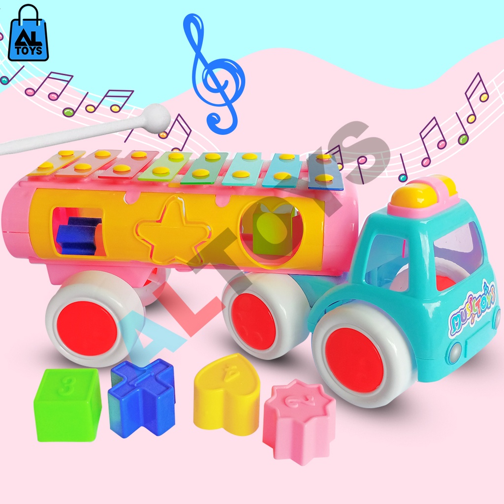 Mainan Edukasi Anak Alat Musik Tangga Nada Xylophone Gambang / Menggenal Bentuk Shape Model Mobil Truck AU01