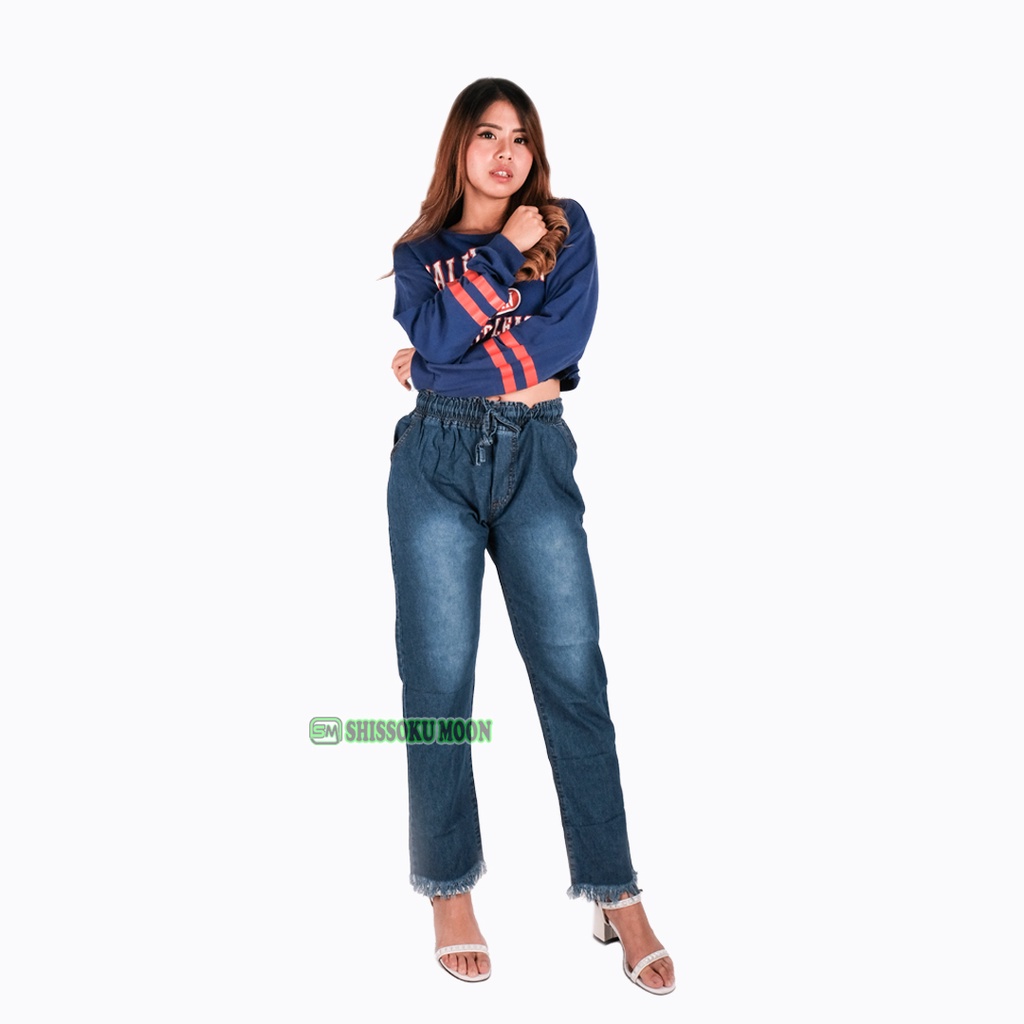 Celana Panjang Wanita Model Baggy Rawis Bahan Denim