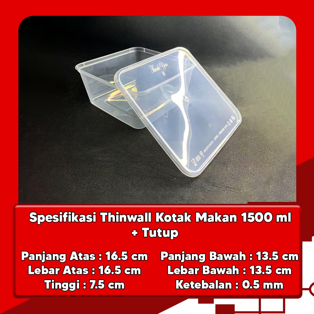 Kotak Makan Plastik 1500 ml Persegi / Thinwall 1500 ml Square Murah