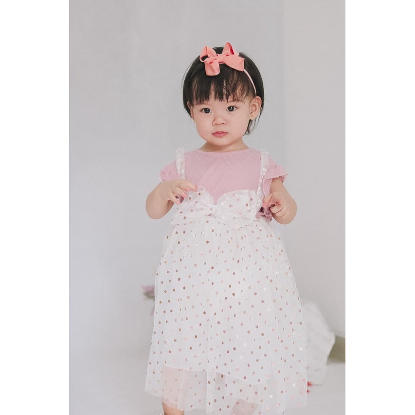 Promo !! Dress Lucu Anak Perempuan Import / Dress Blink polka big ribbon curly ukuran 1-3tahun / Dress Anak Simple Elegant