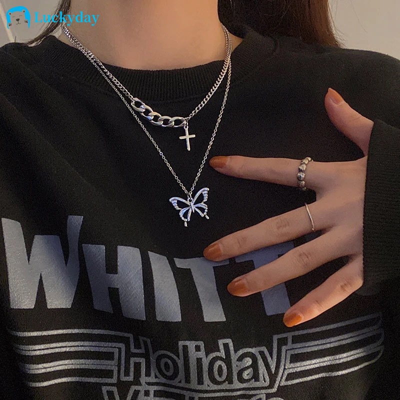 YEEZII Korean Fashion Double Cross Butterfly Metal Pendant Necklace Silver Chain Women Jewelry Accessories