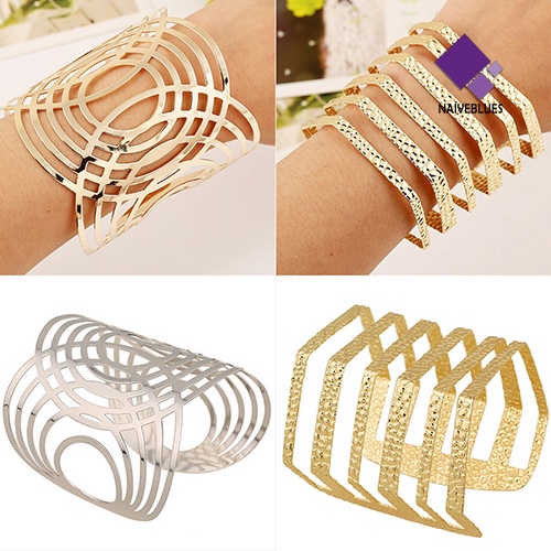 Naiveblue &gt; Gelang Tangan Terbuka Motif Geometri Aksen Hollow Warna Gold / Silver Untuk Unisex / Pria / Wanita