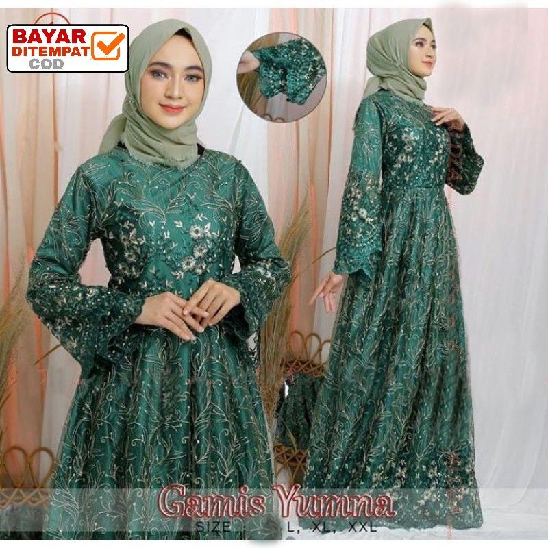 Size L XL XXL / Gamis Pesta / Gamis Jumbo / Maxi Dress / Gamis Tile / Gamis Maxi Brokat Yumna