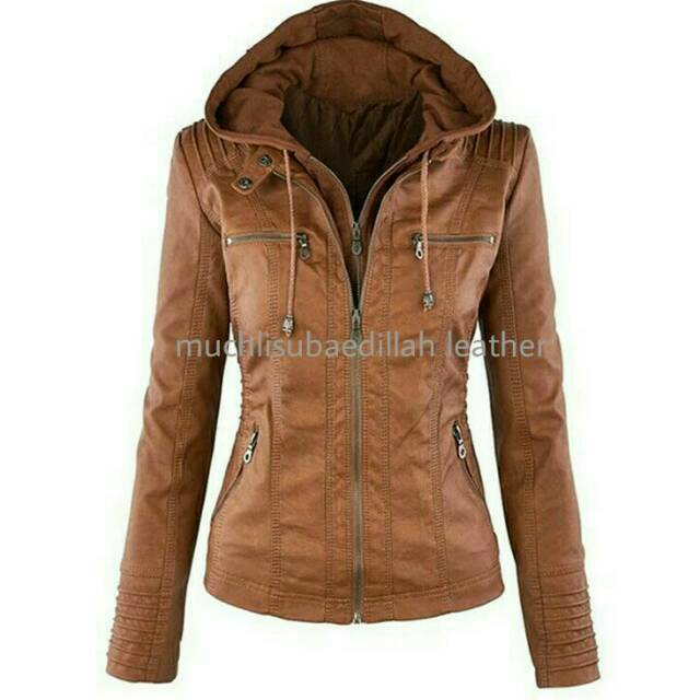 Jaket Semi Kulit Wanita Hoodie/ Sintetis Premium Termurah.