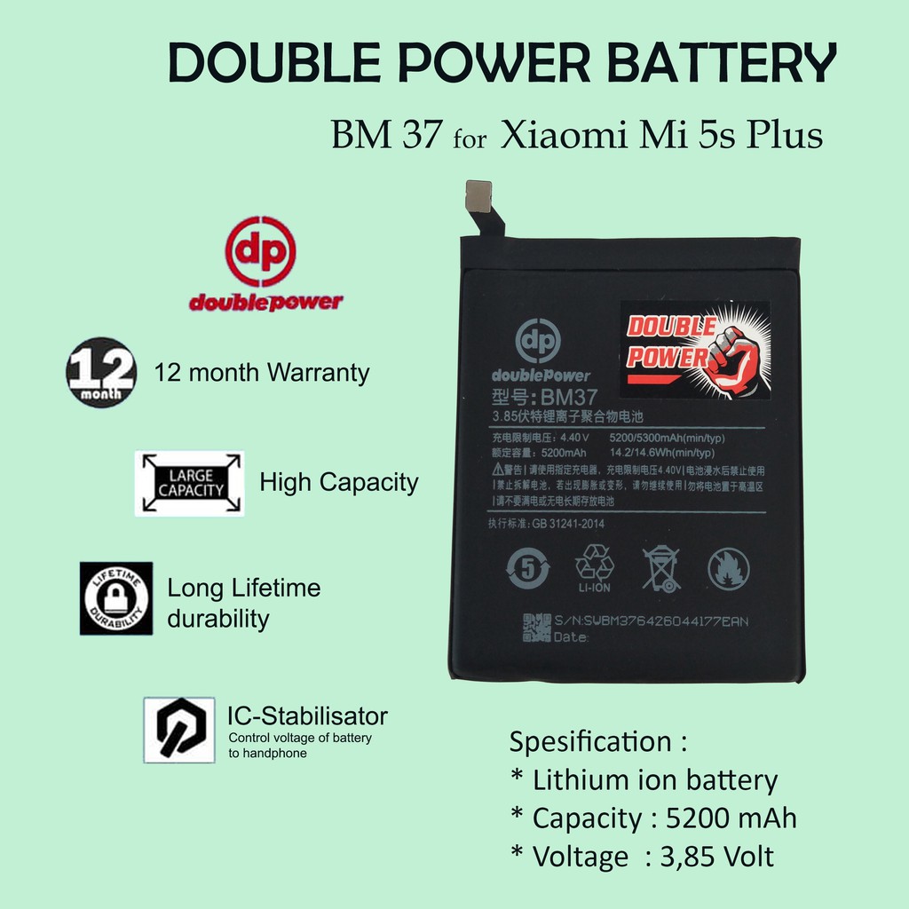 Double Power Baterai Xiaomi Mi 5s Plus BM37 5200mAh