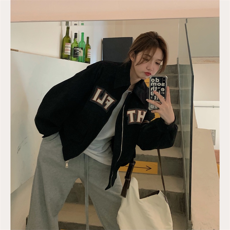 Baseball Jacket Corduroy Oversize Wanita Korean Style Kasual Jaket Vintage