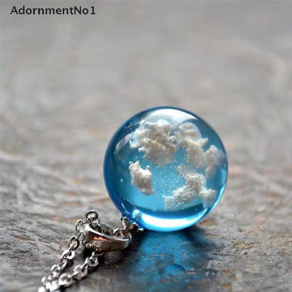 (AdornmentNo1) Kalung Rantai Dengan Liontin Bulan + Bola Resin Motif Langit Biru + Awan Putih Untuk Wanita