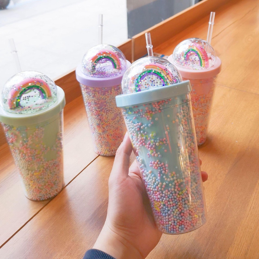 R-FLOWER Gelas Air 550ML Jus Kopi Manik Warna Warni Plastik Sippy Cup Rainbow