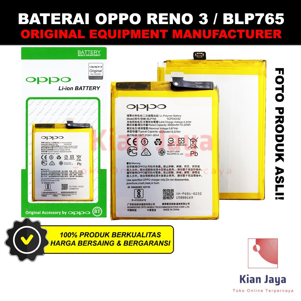 Baterai Oppoo Reno 3 / BLP765 Original OEM Batre Batrai Battery Hp BLP 765 Ori